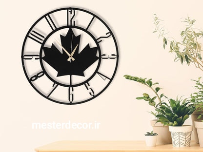 ساعت دیواری مدرن لیزری فلزی زیبا طرح برگ افرا H390